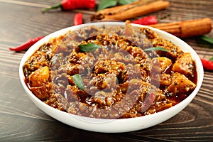 Bowl of Delicious mutton meat curry -Indian delicacies.