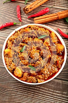 Bowl of Delicious mutton meat curry -Indian delicacies.