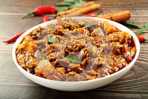 Bowl of Delicious mutton meat curry ,North Indian cuisine.