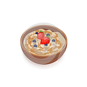 Bowl of delicious oat porridge decorated with fresh strawberries and blueberries isolated on white background. Tasty