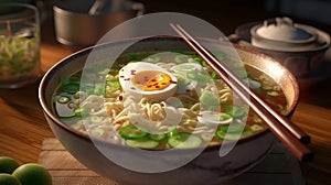 Bowl of delicious rice noodle soup with celery and egg. Generative AI