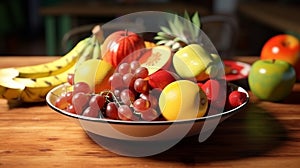 Bowl with delicious ripe fruits on table . Generative Ai