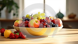 Bowl with delicious ripe fruits on table . Generative Ai