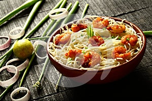 Bowl of delicious seafood noodles.