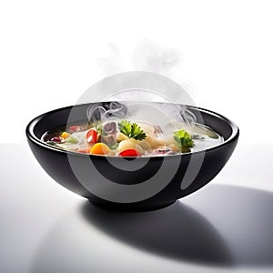 A bowl of delicious steaming vegetable soup. White isolated.
