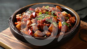 Bowl of delicious sweet and sour pork on wooden board, closeup.