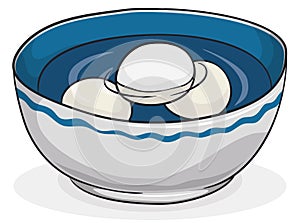 Bowl with delicious tangyuan desserts in hot water, Vector Illustration