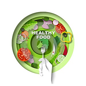 Bowl with delicious vegan salad, vector paper cut illustration. Healthy diet, vegetarian food.