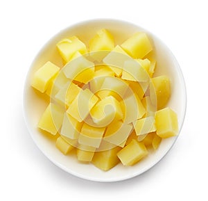 Bowl of diced boiled potatoes, from above