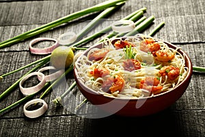 Bowl of diet recipe- seafood noodles.