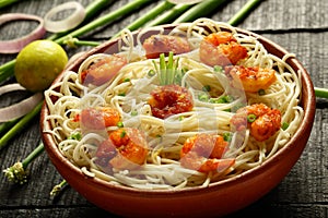 Bowl of diet recipe- seafood noodles.