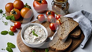 A bowl of dip with bread and tomatoes