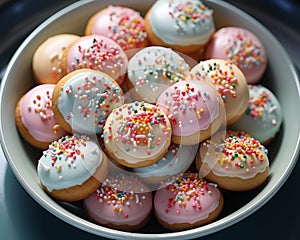 a bowl of donuts with sprinkles on top