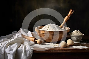 bowl of dough with rolling pin and flour nearby