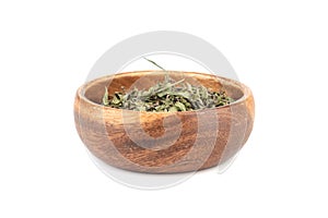 Bowl with dried aromatic thyme on white background.