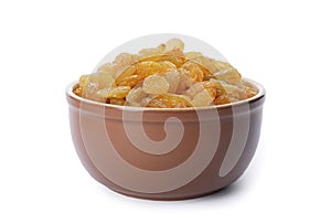 Bowl with dried golden raisins isolated on white