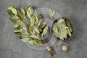 Bowl of dried laurel leaves and bunch of dry green bay leaves, top view. photo