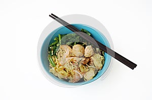 A bowl of dried pork and wonton with noodles