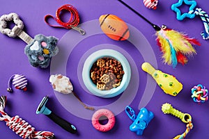 Bowl of dry food for cats or dogs and pet toys, and accessories on purple background. Flat lay, top view. Pet shop banner design