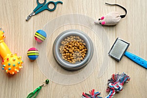 Bowl with dry kibble food and cat accessories on wooden table. Top view pet care and training concept. Veterinary shop banner