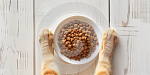 Bowl of dry kibble pet food between two furry striped paws of a cat. Top down view