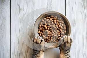 Bowl of dry kibble pet food between two furry striped paws of a cat. Top down view