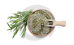 Bowl of dry tarragon, scoop and fresh leaves isolated on white, top view