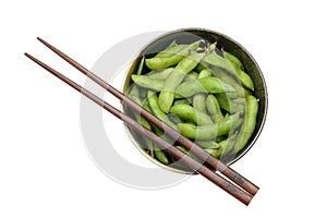 Bowl of edamame with chopsticks