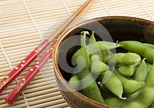 Bowl of edamame with chopsticks