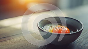 A bowl of an egg with a sprinkle on top sitting in the middle, AI