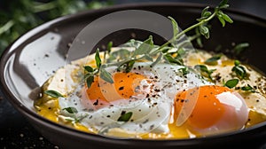 A bowl of eggs with herbs and spices on a plate, AI