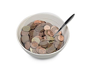 Bowl of european money with spoon