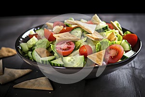 A bowl of fattoush salad, made with crisp lettuce, juicy tomatoes, and toasted pita chips, (Generative AI)