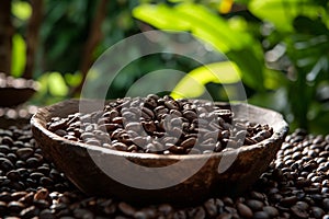 A bowl filled with aromatic coffee beans placed on a wooden table, Luxurious Kopi Luwak coffee beans, AI Generated