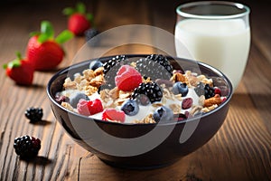 A bowl filled with cereal, topped with fresh berries and yogurt, served next to a glass of milk, Healthy breakfast bowl filled