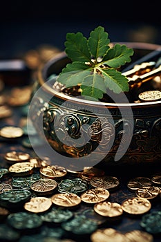 A bowl filled with coins and a plant on top of them, AI