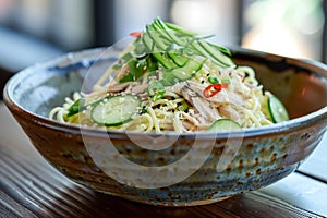 A bowl filled with cold sesame noodles, cucumbers, and savory sauce, A refreshing bowl of cold sesame noodles, topped with