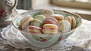 A bowl filled with colorful French macaroons sits elegantly on a delicate lace doily