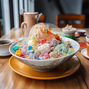 Colorful bowl of Ice Kachang with sweet treats