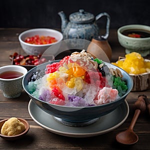 Colorful bowl of Ice Kachang with sweet treats