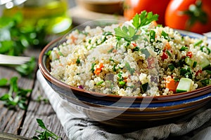 A bowl filled with couscous mixed with carrots, celery, and parsley, creating a vibrant and nutritious meal, A bowl of quinoa