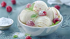 Refreshing Bowl of Ice Cream With Raspberries and Mint