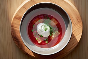 A bowl filled with customary Ukrainian borscht is placed on the table, showcasing the rich culinary heritage of Ukraine.