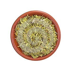 Bowl filled with cut and sifted senna leaf