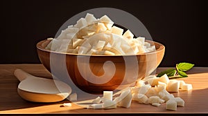 a bowl filled with fresh jicama slices, showcasing their crispness and natural appeal, a generous space on the left for