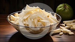 a bowl filled with fresh jicama slices, showcasing their crispness and natural appeal, a generous space on the left for