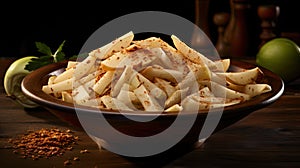 a bowl filled with fresh jicama slices, showcasing their crispness and natural appeal, a generous space on the left for