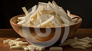 a bowl filled with fresh jicama slices, showcasing their crispness and natural appeal, a generous space on the left for