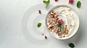 a bowl filled with Greek yogurt topped with granola, positioned centrally on a light background, with additional granola