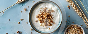 a bowl filled with Greek yogurt topped with granola, positioned centrally on a light background, with additional granola